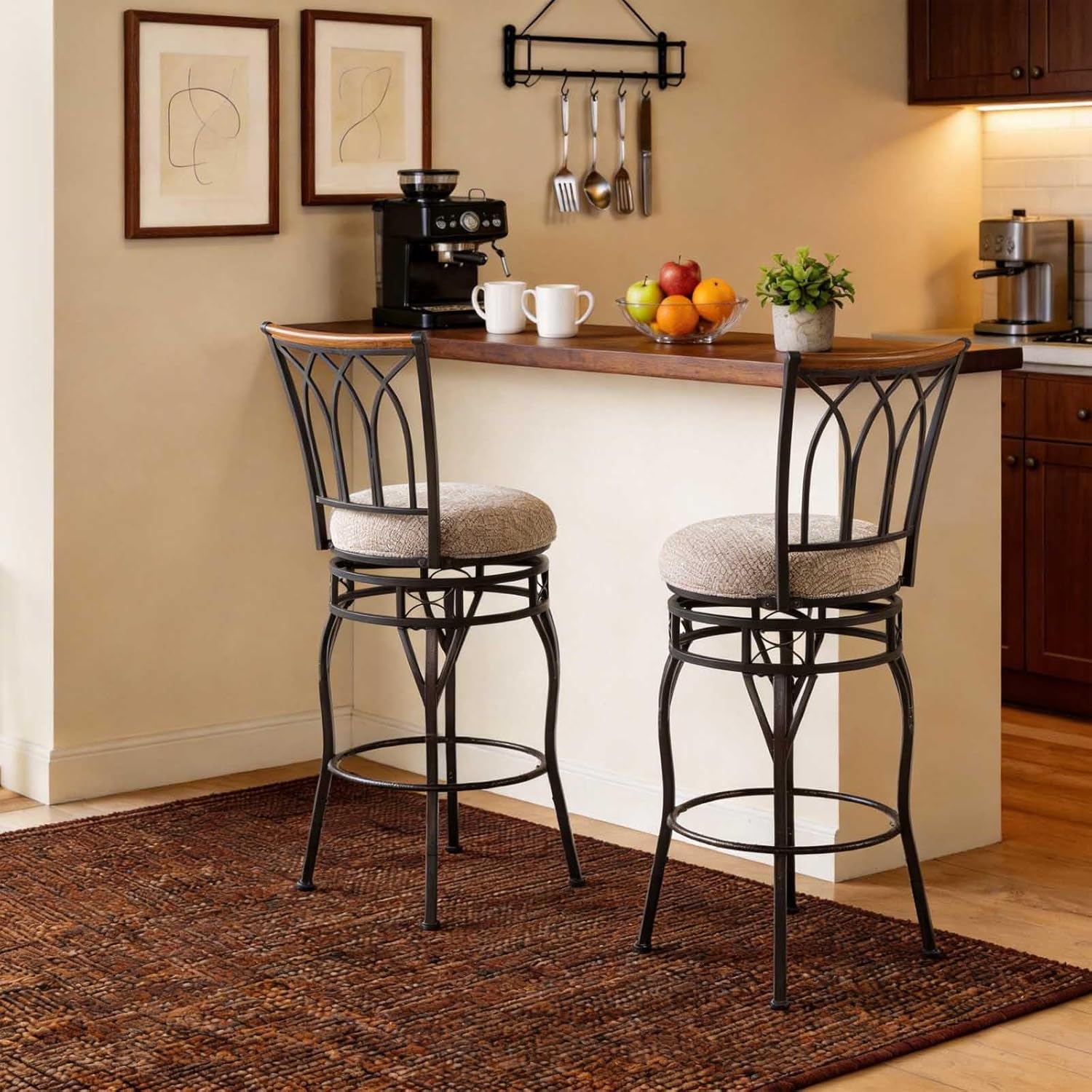 Farmhouse Swivel Bar Chairs Set of 2, Adjustable 25"/30" Industrial Counter & Bar Stools with Backs, Beige Fabric, Antique Brass Metal, Vintage Rustic Wood for Kitchen Island, Pub, Bistro