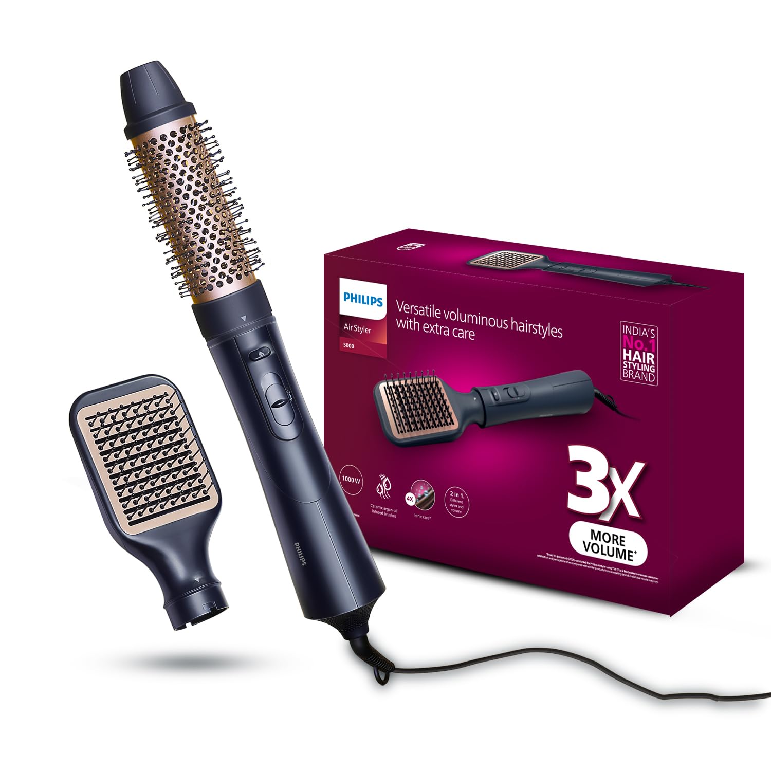 Philips 2-in-1 Airstyler | 3X Volume & 50% Less Hair Breakage | Volumizer + Blow Dryer Brush | 2 attachments for Straight and Wavy Looks | Argan Oil Infused plates & 4X more Ionic Care for Shinier, Frizz Free Hair | BHA531/10