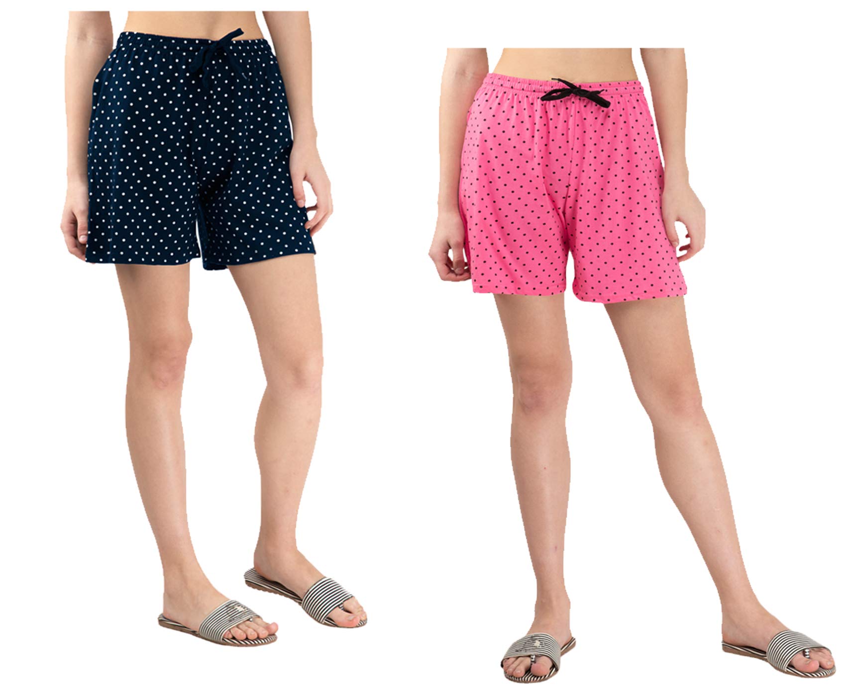 Pack of 2 Women’s Polka Dot Printed Shorts with Drawstring Waist – Comfortable Casual Lounge Wear, Breathable Fabric, Stylish Summer Sleepwear Shorts for Women Pink, Navy Blue-image-22