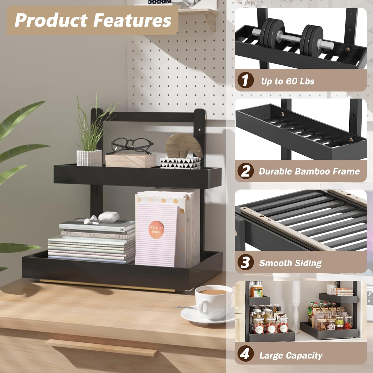 Bamboo Under Sink Organizer and Storage, 2 Tier Pull Out Cabinet Organizer, Slide Out Under Sink Storage Shelf, Undersink Organizers Shelves for Kitchen Bathroom Organization (Black, 2 Packs) - Image 3