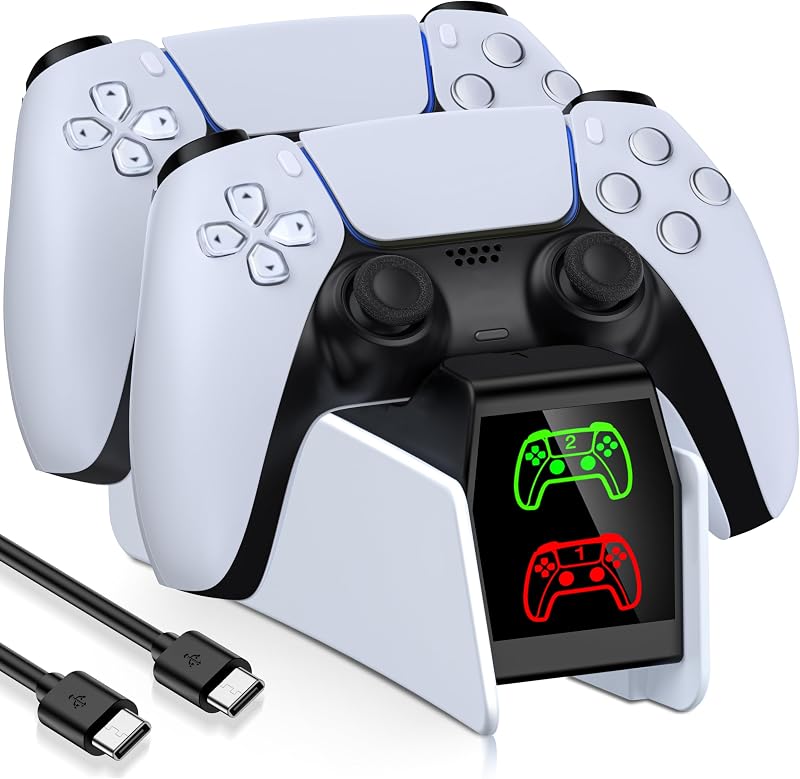 Estación de carga para controlador PS5, base de carga PS5 compatible con controladores PlayStation 5 DualSense y Edge, accesorios PS 5, soporte de carga con indicadores LED y cable de carga