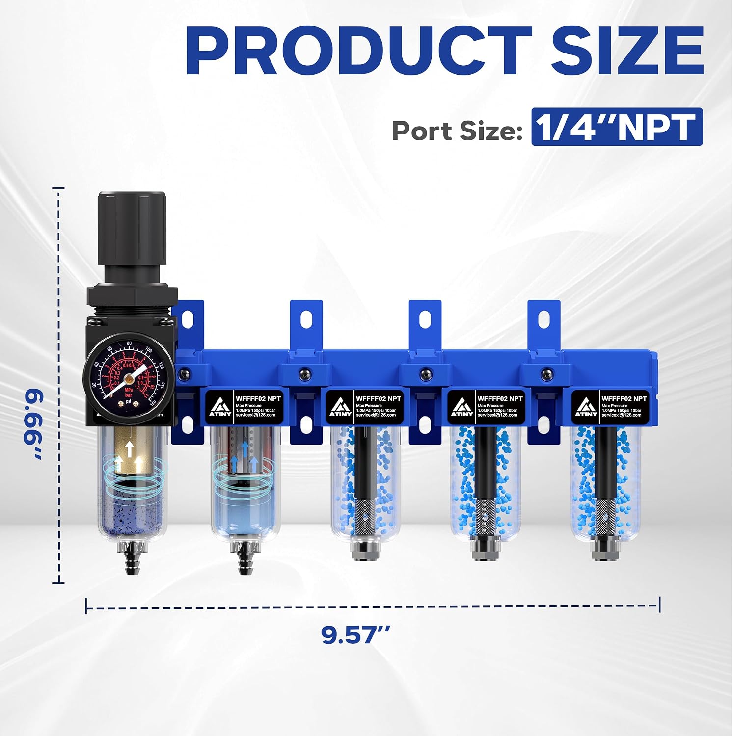 1/4'' NPT 5 Stage Air Drying System,Air Dryer for Compressor,5 &0.01 Micron Filter Cartridge,Triple Desiccant Dryers & Air Regulator,Metal Bowl, Semi-Auto Drain,Industrial Grade-Blue