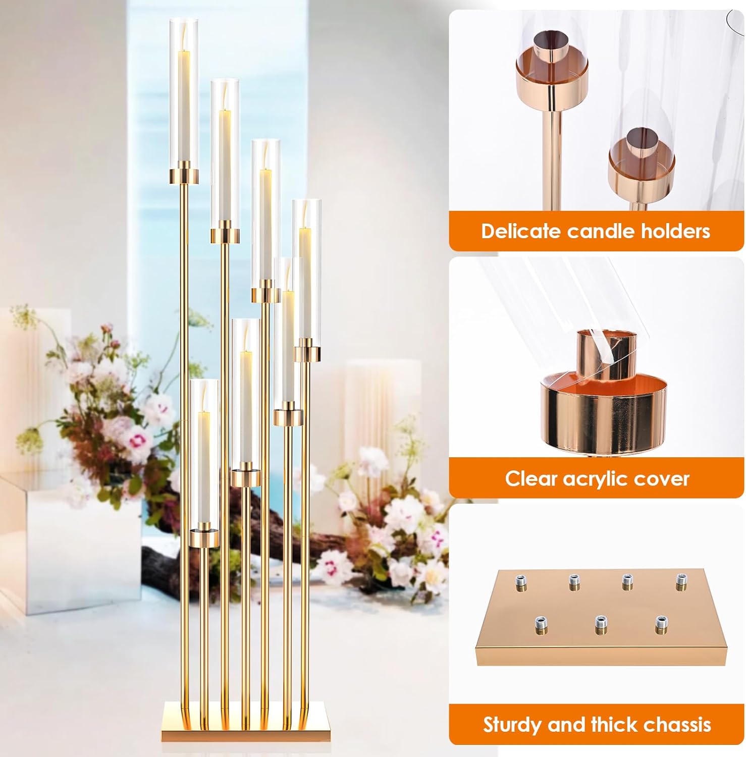 mopam 7 Arms Floor Candelabra 46.5'' Floor Candle Holders for Wedding 4pcs Gold Candle Sticks Holder Decor Tall Metal Candlestick Set with Acrylic Lampshades for Home Christmas Party (Square)