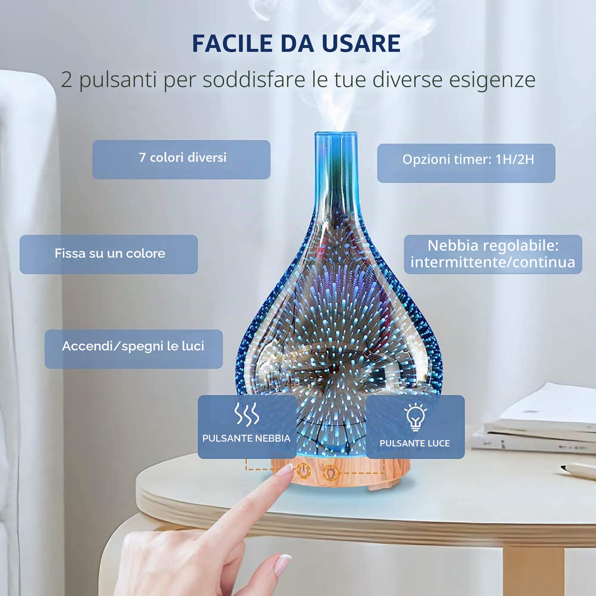 Diffusore di oli essenziali, 200 ml, diffusore in vetro 3D per aromaterapia, con telecomando, modalità nebulizzazione regolabile, luci notturne a LED e timer di spegnimento automatico