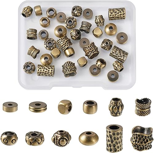Miniatura 7 de Pandahall 48 cuentas espaciadoras de bronce antiguo, 12 estilos de estilo tibetano, cuentas espaciadoras de metal de latón, cubo redondo, cuentas