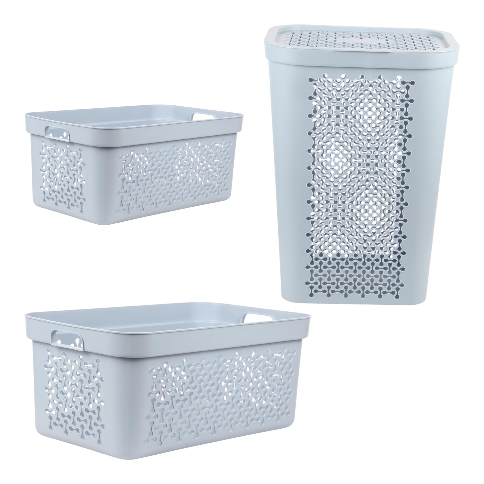 3 Piece Laundry Basket Set – 20L + 30L + 60L Laundry Hamper with Lid – Plastic Washing Baskets with Handles & Ventilated Design – Laundry Sorting System for Home, Bathroom, Bedroom (Blue)