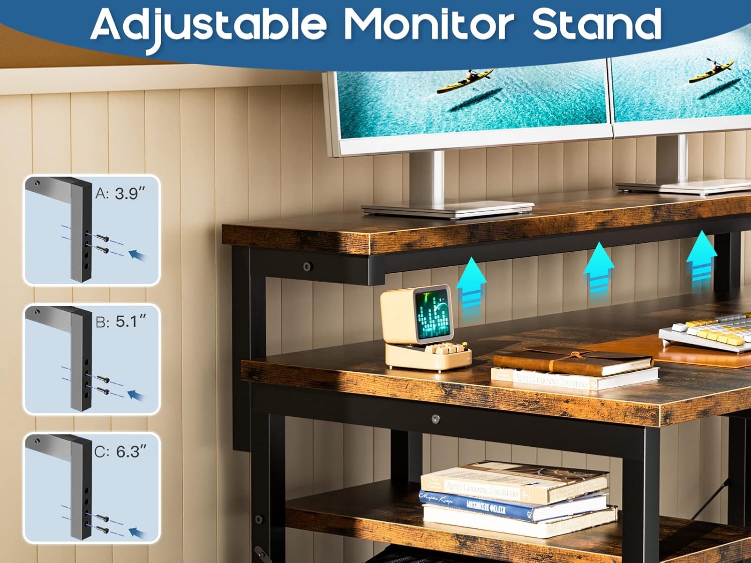 Diagram illustrating the three adjustable height settings for the monitor stand on the ODK L-Shaped Computer Desk.