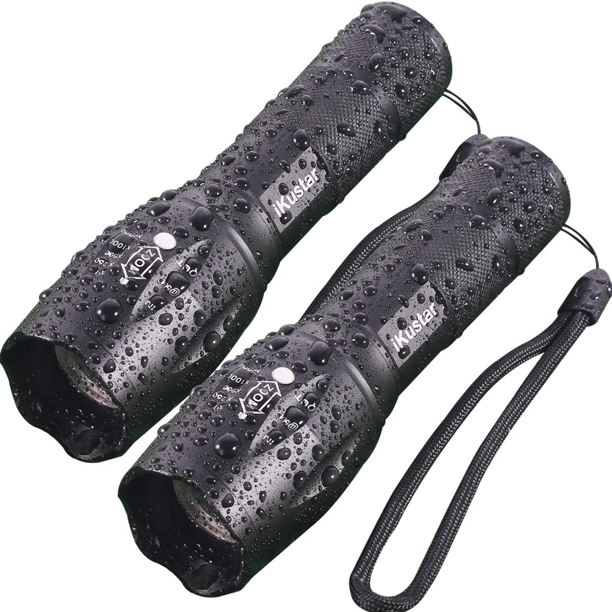 iKustar Flashlights T6 LED Handheld Torches Taclights Brightness With Adjustable Focus And 5 Light Modes, Outdoor Water Resistant for Comping Hiking etc (iKT6-2-B)…