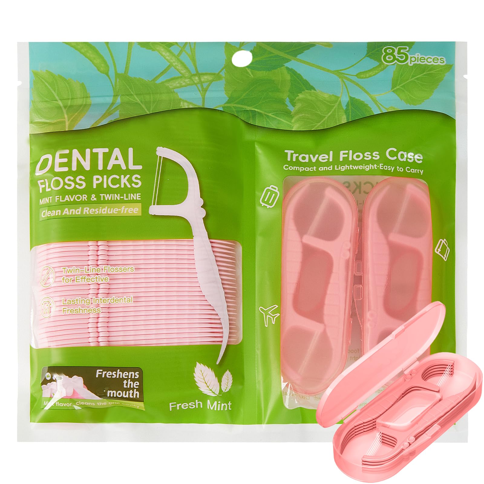BAIDENTAL Pink Dental Floss Picks Twin Line, Travel Size Toothpicks Floss Sticks Kit 85 Count with 2 Portable Flossers Case On-The-Go Oral Care