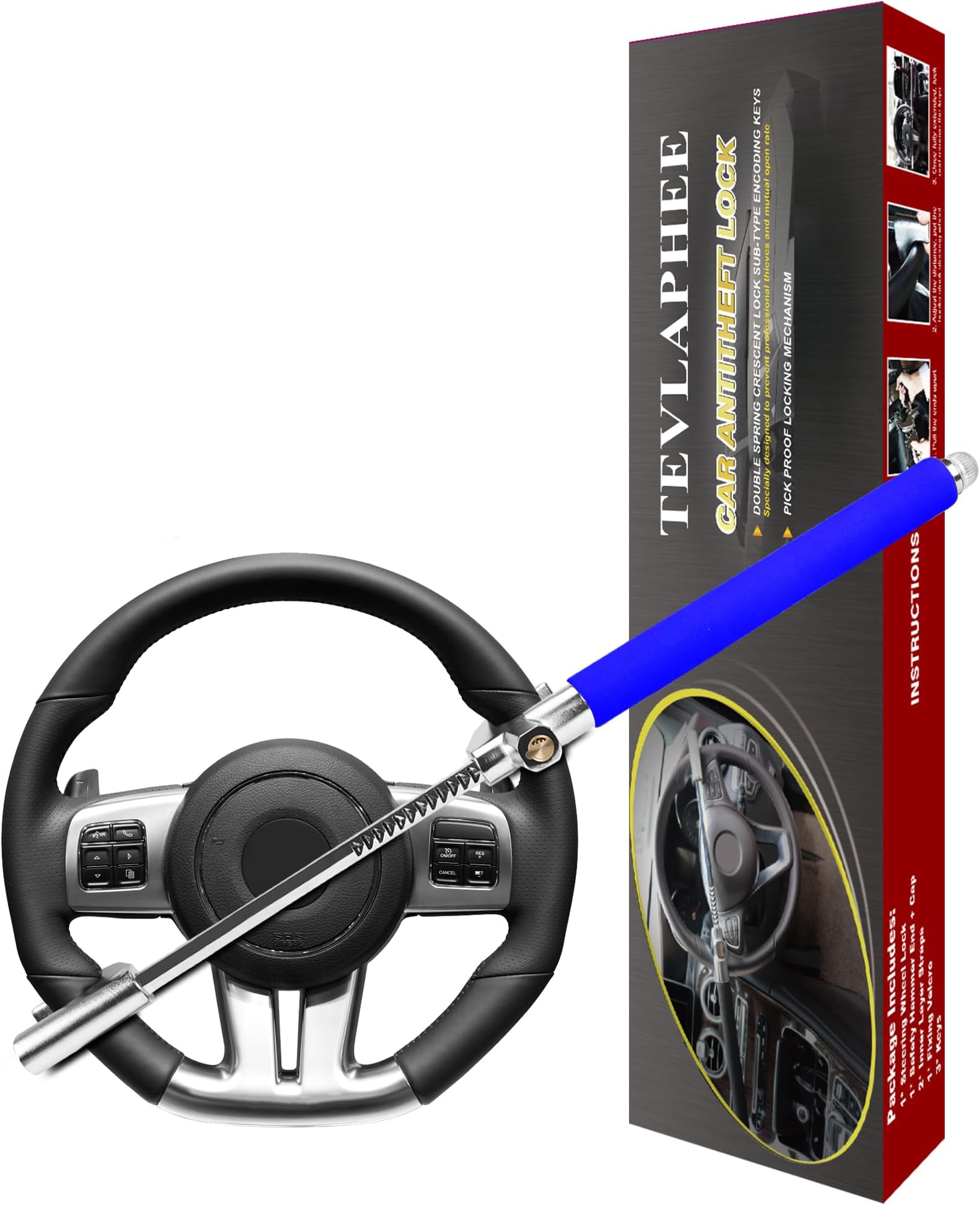 Steering Wheel Lock, Steering Lock, Car Steering Wheel Lock, Vehicle Anti-Theft Lock, Adjustable, Universal Fit, Heavy Duty(Blue)