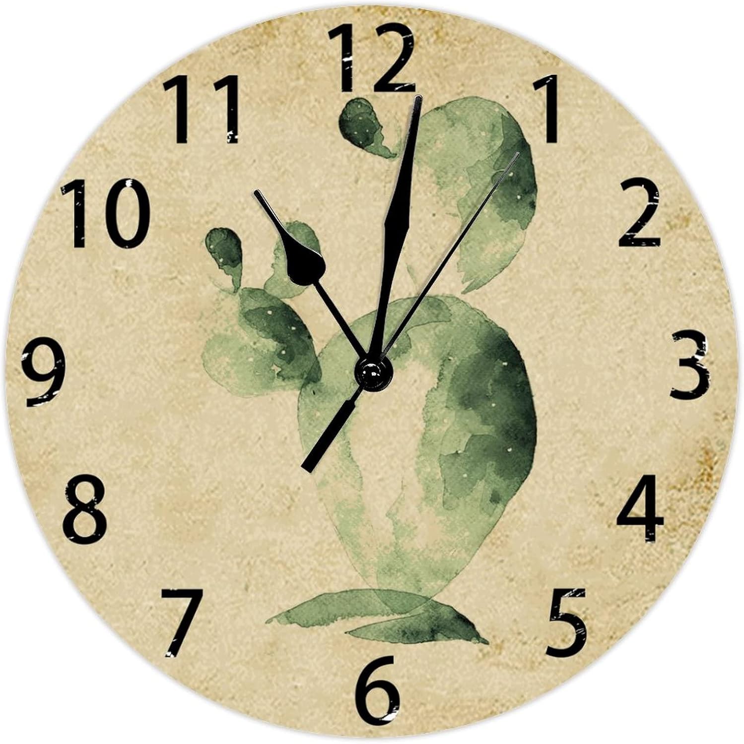 Large Modern Wall Clock, 12 Inch Retro Vintage Colorful Desert Cactus Clock Indoor Silent Non-Ticking Battery Operated Wooden Round Wall Clock for Living Room, Office, Kitchen, Laundry Room