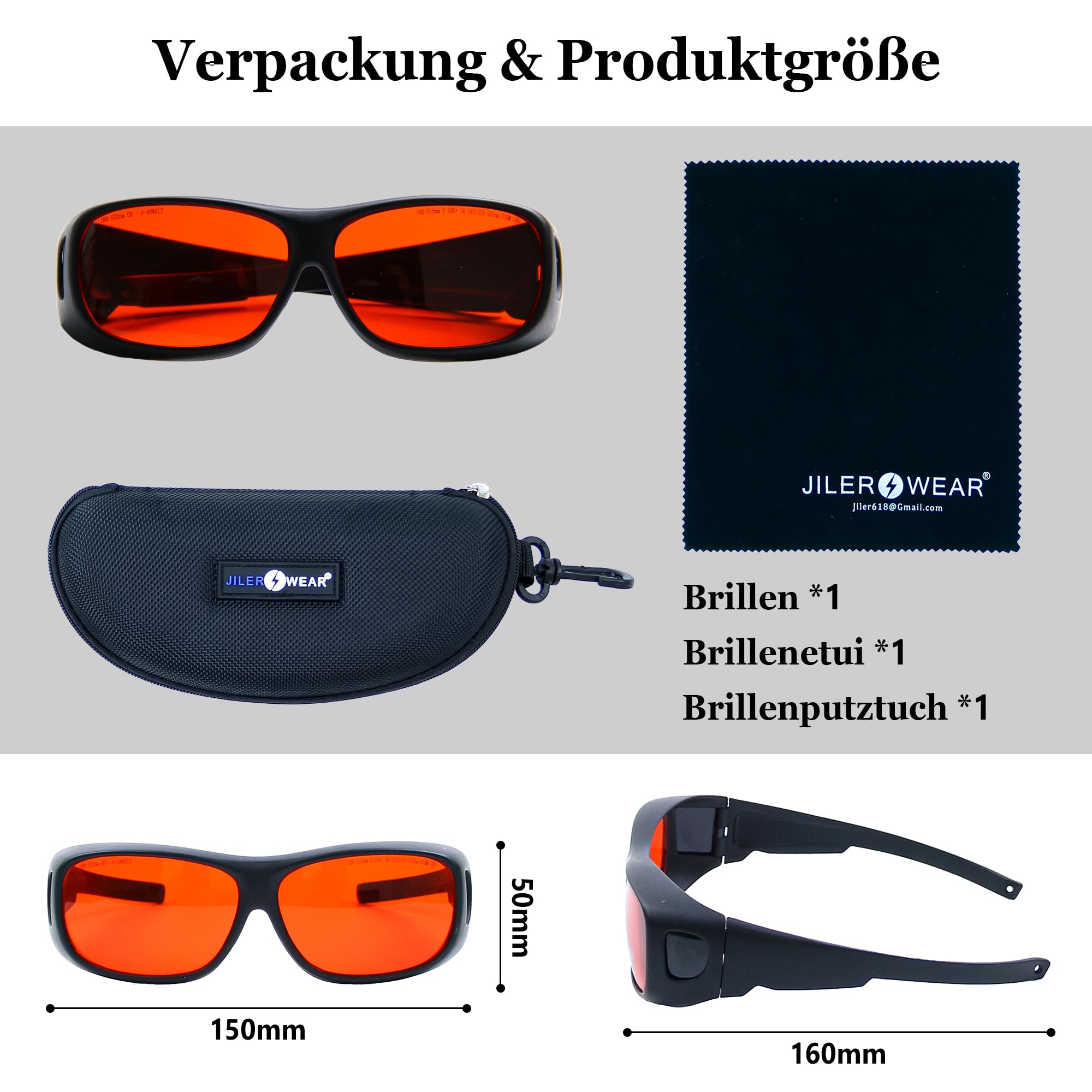 JILERWEAR Laserowe okulary ochronne 532 nm OD 6+ profesjonalne 180 nm - 532 nm, długość fali, fioletowe/niebieskie/zielone, okulary ochronne do 405 nm, 445 nm, 450 nm, 473 nm 532 nm Laser Fit