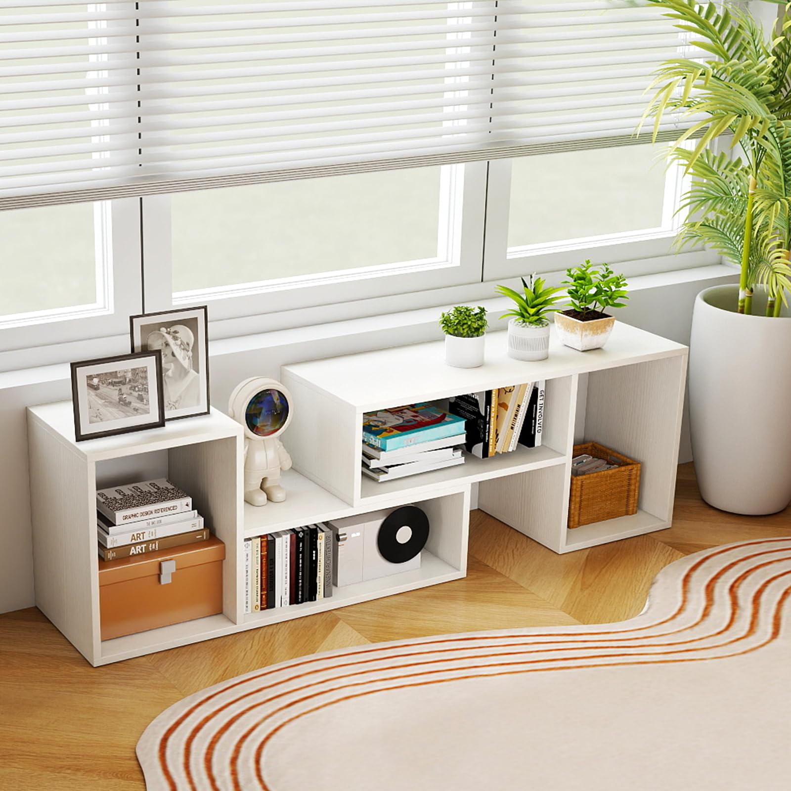 GIANTEX Meuble TV Combiné Libre avec Étagères Ouvertes, Meuble Télé 2 Pièces en MDF 50-60 Pouces, Meuble TV Bois pour Salon Chambre et Bureau, 110-134,5 X 30 X 43 CM (Blanc)