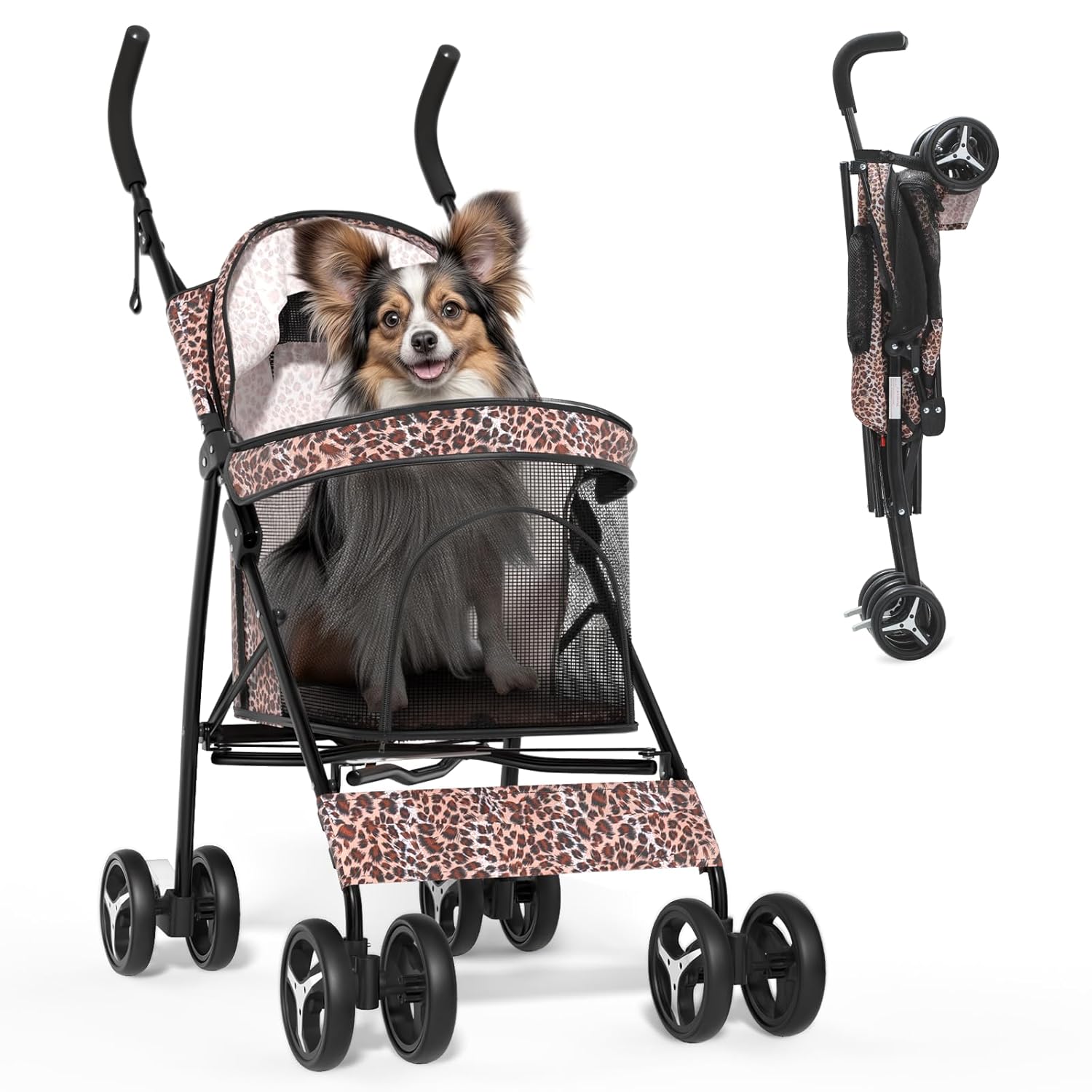 Magshion Compact Pet Stroller for Small-Medium Dogs/Cats up to 22lbs, 4-Wheel Lightweight Umbrella Shaped Portable Puppy Travel Jogger with Breathable Mesh & Rear Storage, Leopard Print
