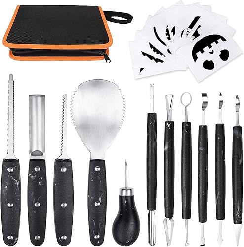Miniatura 8 de Kit profesional de tallado de calabaza, 11 piezas de herramientas de tallado de acero inoxidable resistentes para Halloween con estuche de