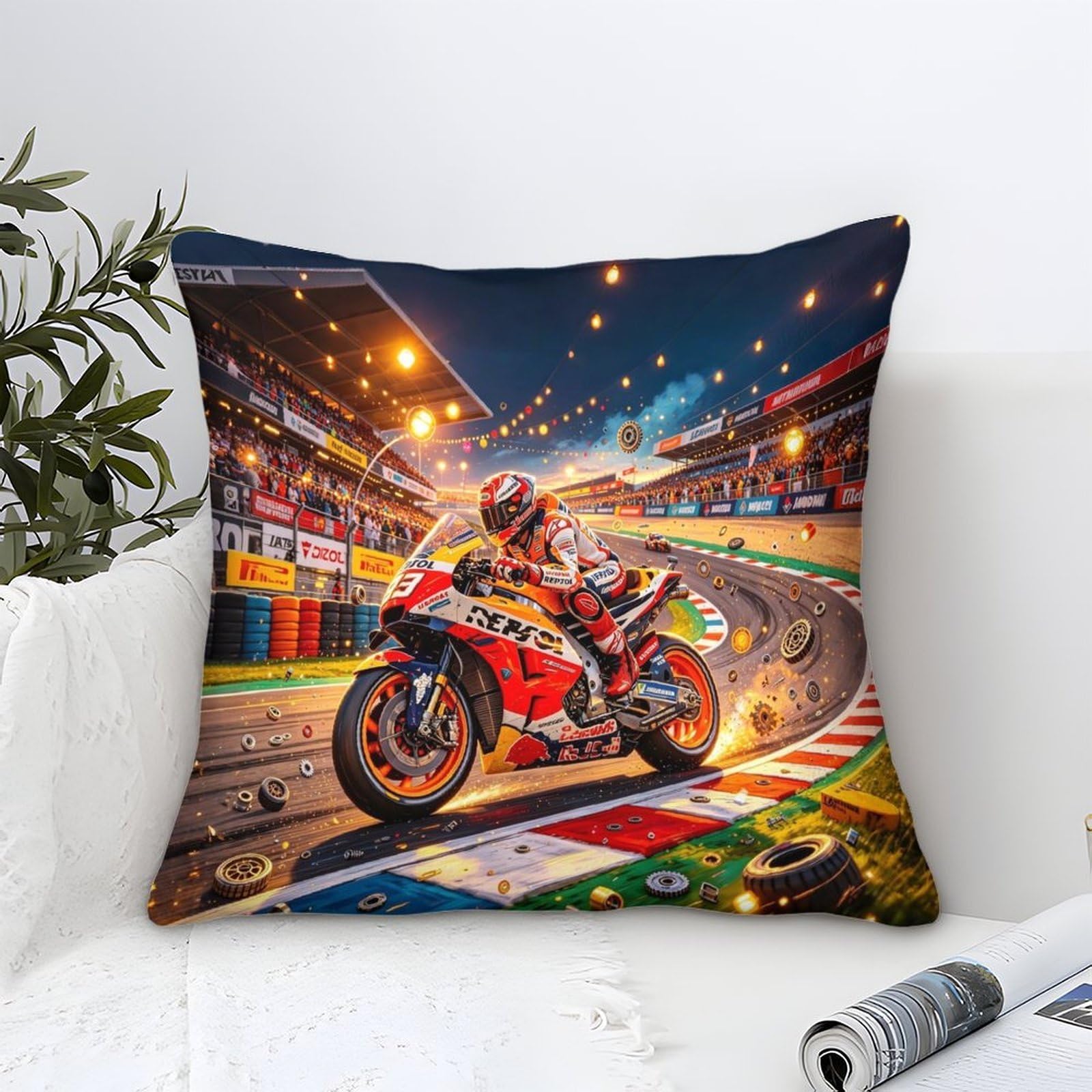 DAFUfbw Motorcycle Race Cushion Cover 40x40cm Motor Road Racing Throw Pillow Cover for Couch Sofa Home Decor, Microfiber