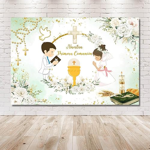 Vista 18 de Telón de fondo de Nuestra Primera Comunión para gemelos, Dios bendiga el bautismo, decoración de fiesta, ceremonia de bautizo, Mi Primera Comunión