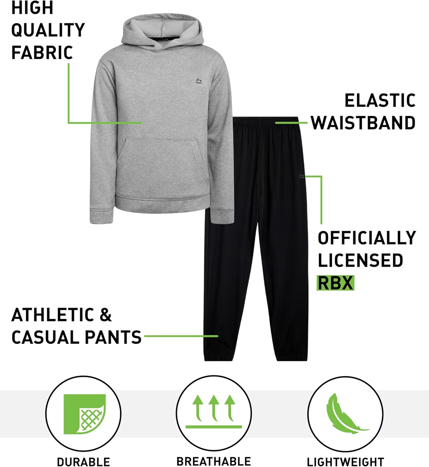 RBX Boys Pants Set - 2 Piece Casual Soft Fleece Hoodie Sweatshirt and Hybrid Tech Boys Jogger Pants Outfit (4-12) - Image 2