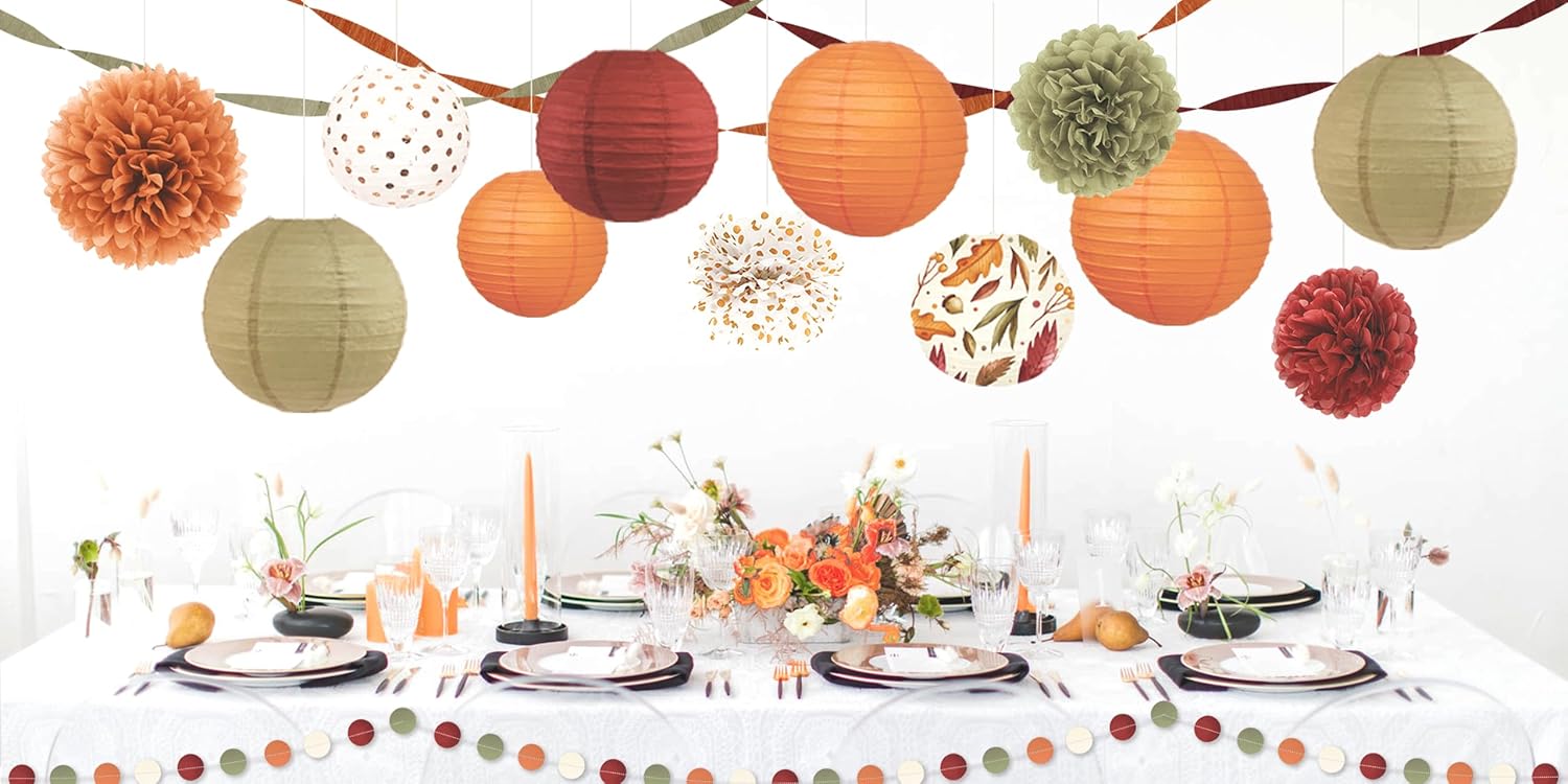 NICROLANDEE Fall Wedding Decorations Set - Tissue Pom Poms, Dots Paper Garland, Maple Leaves Hanging Paper Lanterns, Crepe Paper Streamers for Autumn Harvest Party