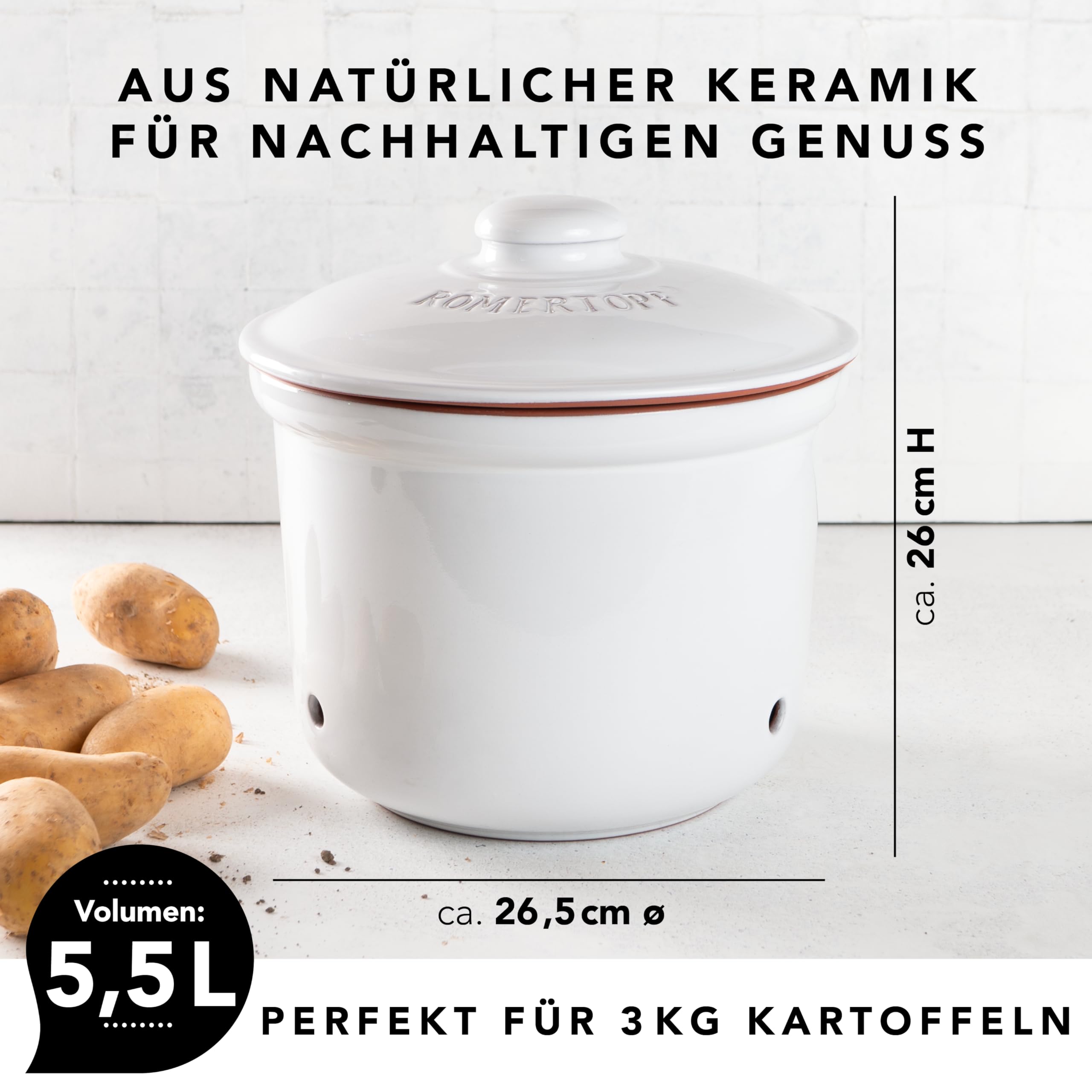 Romertopf Pot fraîcheur MAXI PLUS 5,5 l – Pot à pommes de terre en céramique – Argile respirante pour garder les légumes frais plus longtemps – Circulation de l'air idéale – Blanc