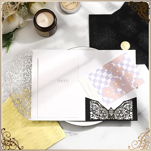 Miniatura 6 de Juego de 100 invitaciones de boda cortadas con láser de 5 x 7 con sobres y calcomanías de sello de cera, tarjetas de invitación de boda de bolsillo,