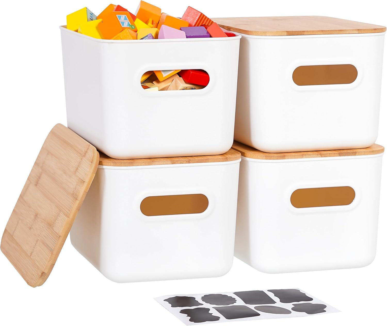 Citylife 4 PCS Storage Bins with Bamboo Lids Plastic Storage Containers for Organizing Stackable Storage Box with Handle, 10.23 x 7.08 x 6.3 inch