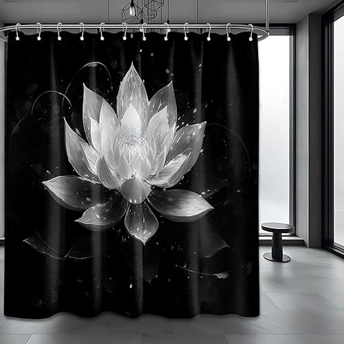 Miniatura 29 de Cortina de ducha negra y dorada con flores de loto amarillo dorado para juegos de decoración de baño, tela impermeable con ganchos, 70 x 72 pulgadas