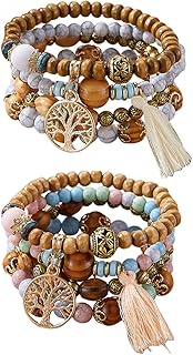 8 Bracelets De Perles en Bois Bohème, Bracelets À Pampilles pour Femmes, Bracelets Pendentifs À La Mode, Bijoux en Perles De Cristal.