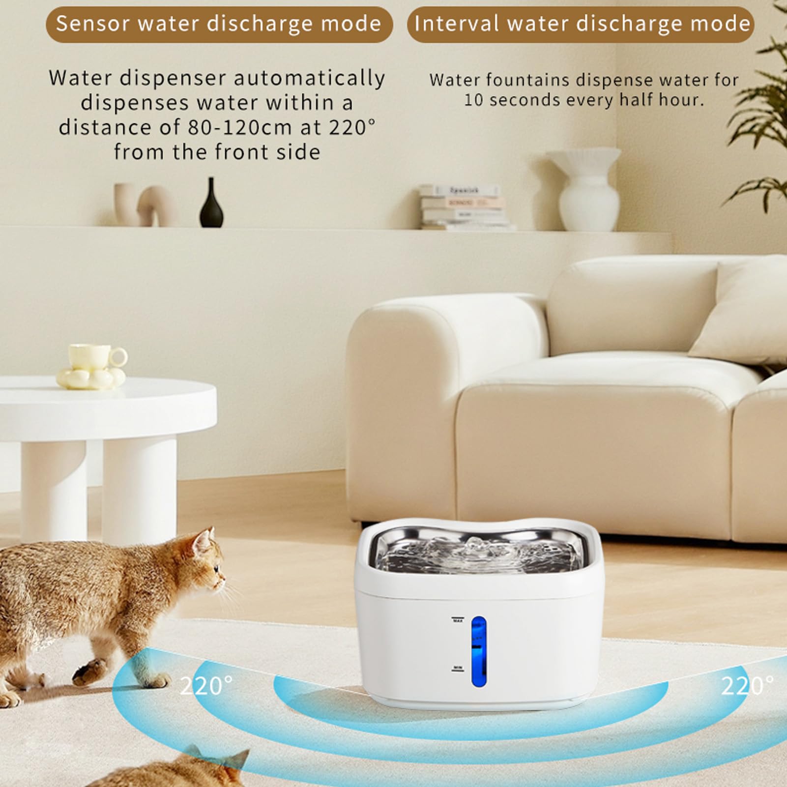 Dozownik Wody Smart Cat, Inteligentna Fontanna z Czujnikiem lub Czasowa o Pojemności 2,5 L z cichą pompą, Potrójna Filtracja Poidła dla Zwierząt ze Stali Nierdzewnej 304,