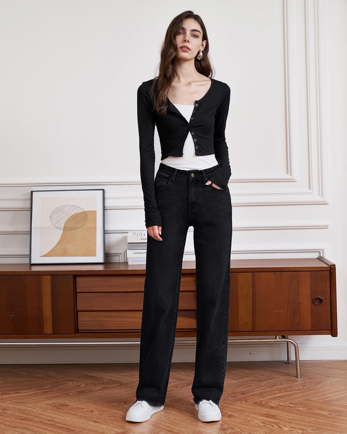 UPNET Womens High Waisted Jeans Stretchy Straight Leg Loose Fit Tummy Control Raw Hem Denim Pants Trendy 2025 Fashion