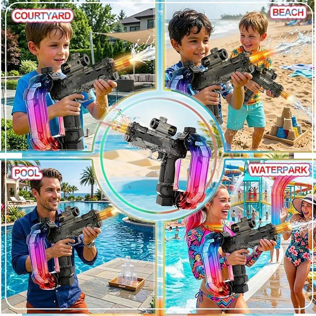 Kids Electric Water Gun with LED Lights,Elektrische Wasserpistole Kinder mit LED Licht,Stark Wasser Pistole großer Reichweite,900cc Große Kapazität,Sommer-Außen-Pool-Strand-Party Spielzeug (Schwarz)