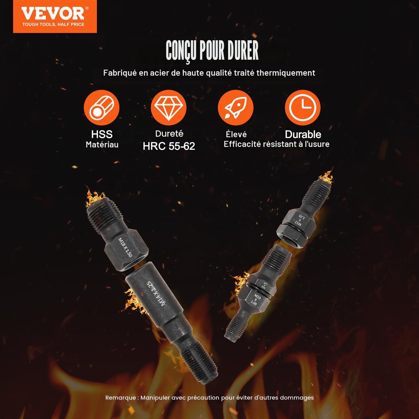 VEVOR Kit de Réparation de Filetage 7 Pièces, Outils à Restaurer Les Filetages Abîmes Métriques M10 M12 M14 M18 M20 M22, avec Étui, Acier au Carbone Traité Thermiquement, pour Réparation Automobile
