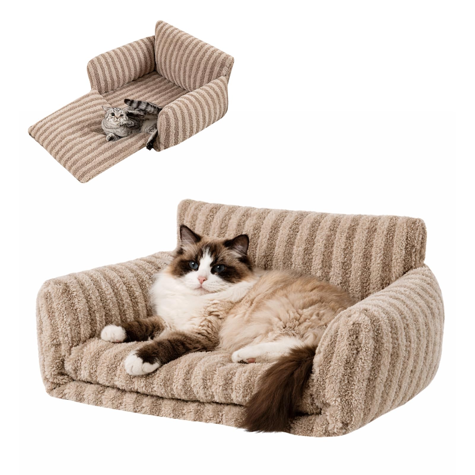 Hollypet Cat Bed Fluffy Plush Multifunctional Double-Layer Machine Washable Soft Warming Kitty Pet Couch Orthopedic Nest Beds for Small Cats Kitten and Dogs up to 13lbs, Khaki(25x20x13 inch)