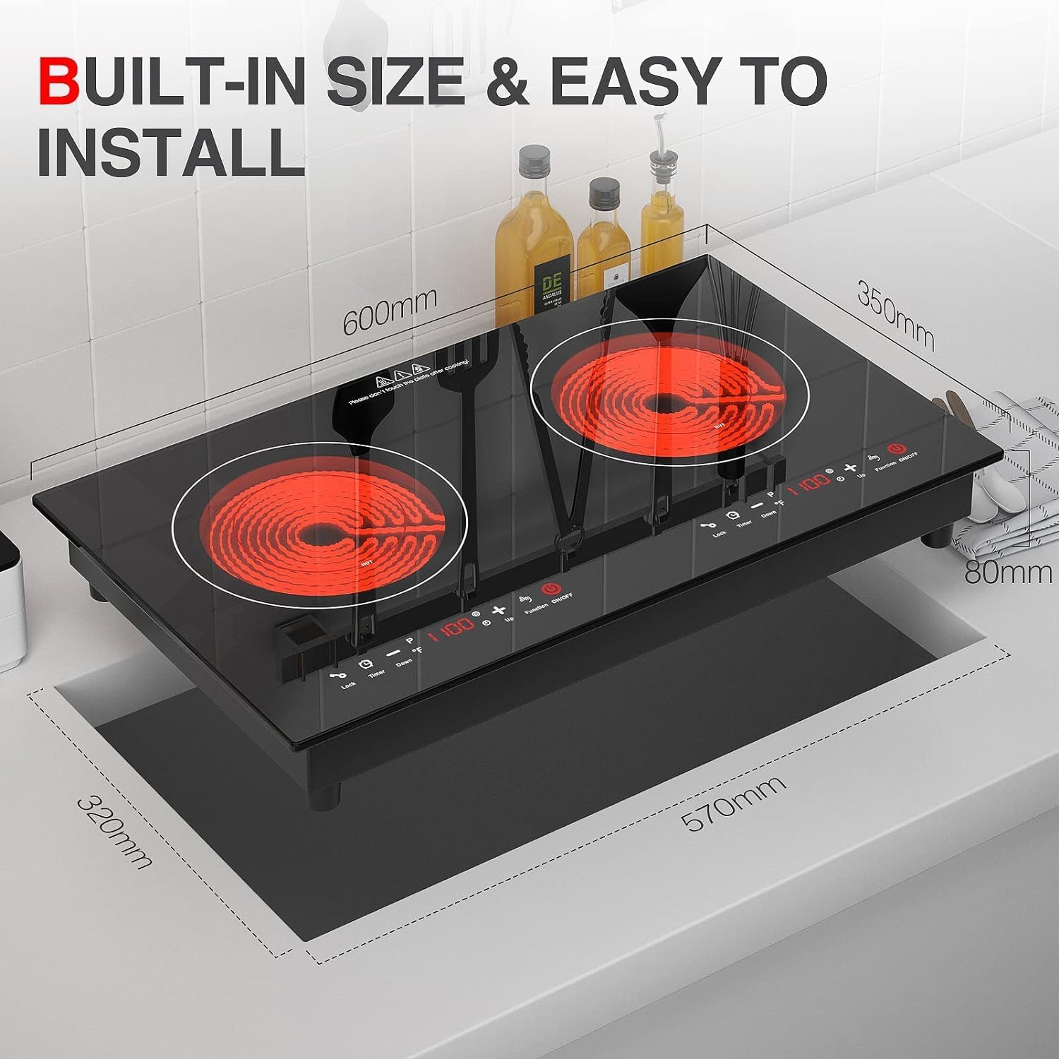 Diagram showing built-in dimensions for the electric cooktop