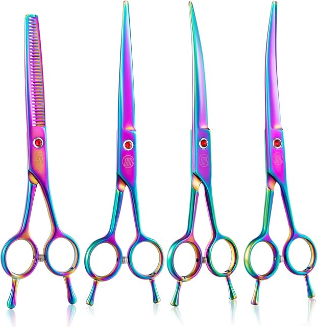 Moontay 7" Dog Grooming Scissors Set, Reversible Trimming Thinning Chunkers, Curved, Straight Cat Pet Grooming Shears with Safety Rounded Tip for Grooming Full Body (Multi-Colored)
