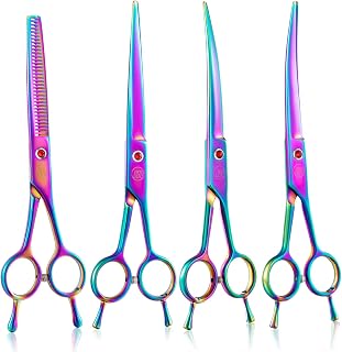 Moontay 7" Dog Grooming Scissors Set, Reversible Thinning Bit Trimming, Curved, Straight Cat Grooming Scissors with Safety Rounded Tip for Care Full Body (Multicolor)