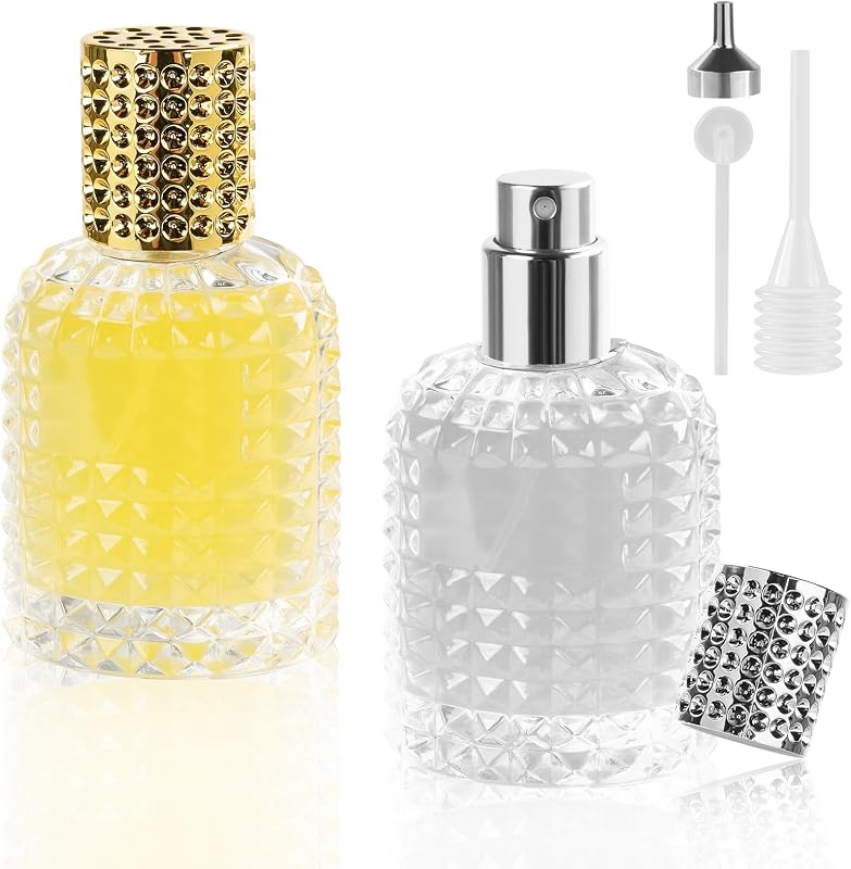 LOPHE Perfume Atomiser Refillable, Mini Perfume Refill Bottles, Empty Clear Glass Perfume Atomiser Spray Bottles, Portable Atomiser with Fine Mist for Daily Business Trips, 50 ml 2 Pcs (Gold+Sliver)