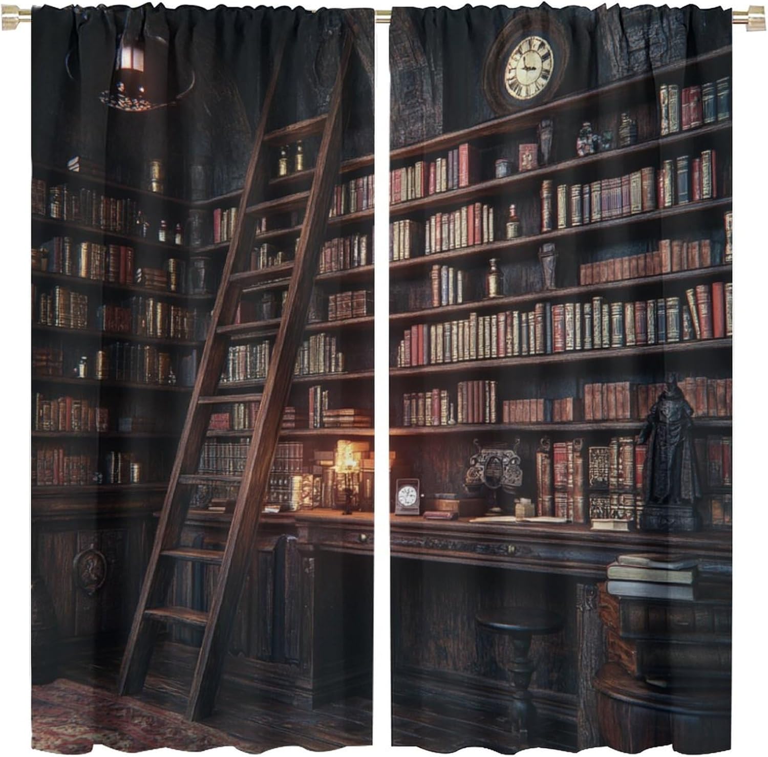 Medieval Clock Bookshelf Blackout Curtains for Bedroom Living Room, Vintage Library Book Candle Curtains Rod Pocket Thermal Insulated Window Drapes, 2 Panels/Each 31.5" W x 63" L