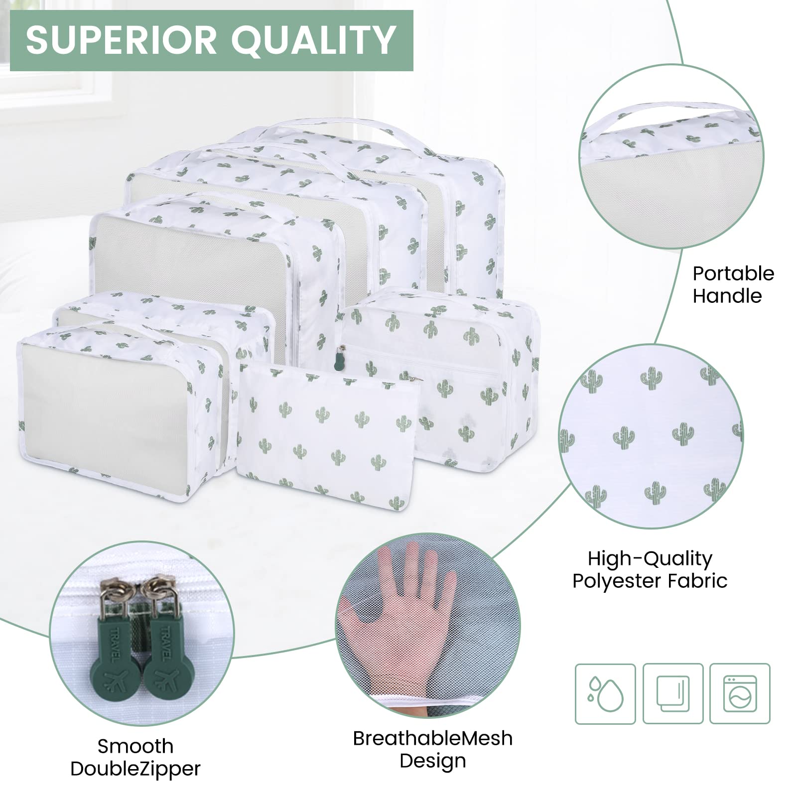 Enloffi Organizer Valigie 10 Pezzi Set Sistema di Cubo di Viaggio Impermeabili Viaggio Accessori Utili per Vestiti Scarpe Biancheria Intima Cosmetici Set di Valigie Portaoggetti, Cactus Bianco