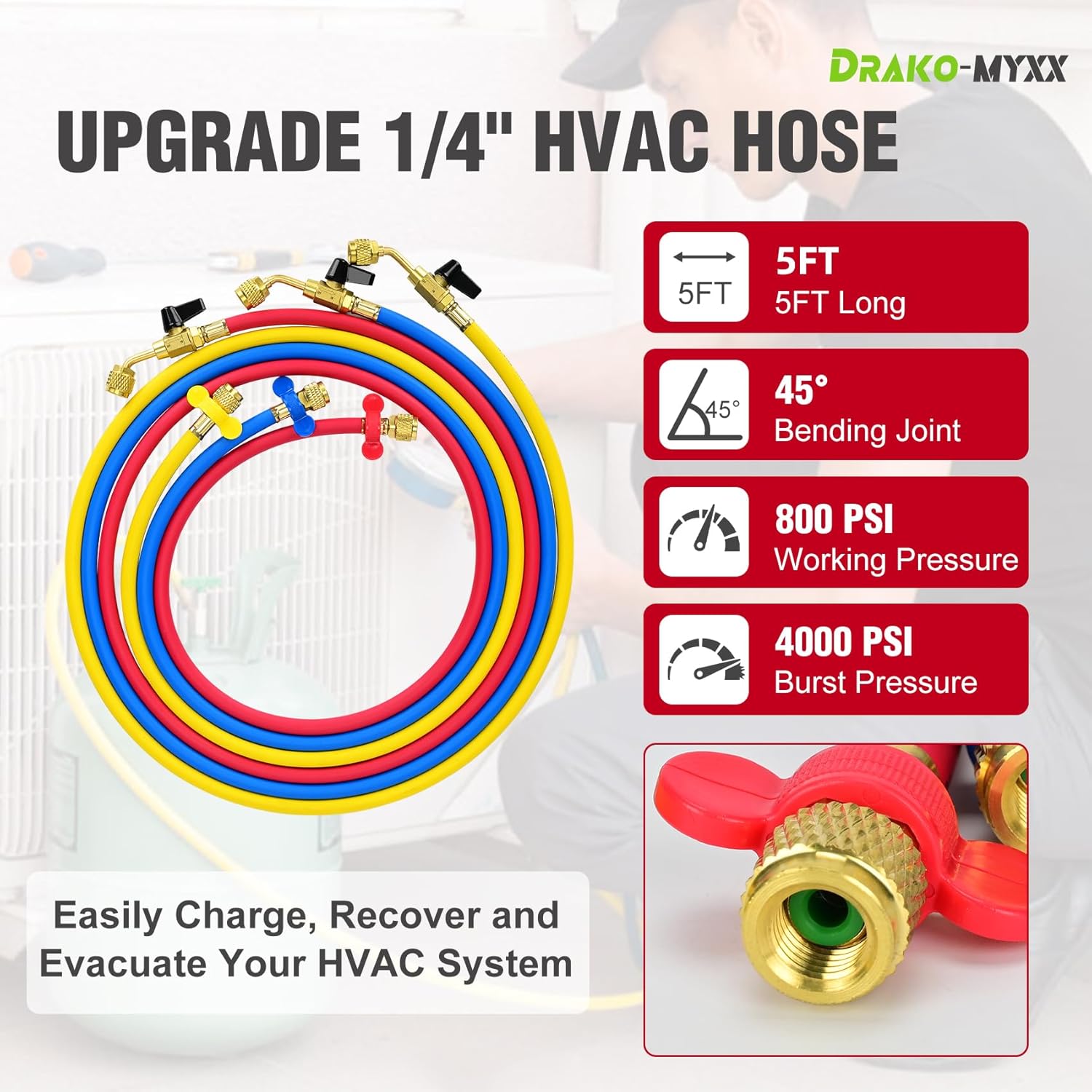 Upgrade N5HVAC Refrigerant Hoses, 1/4" HVAC Hose with Compact Ball Valve, 60", Standard 1/4"Flare Fittings, 800 PSI Working Pressure for R410A, R134A, R22 and Common Refrigerants, 3-Color Hose Kit