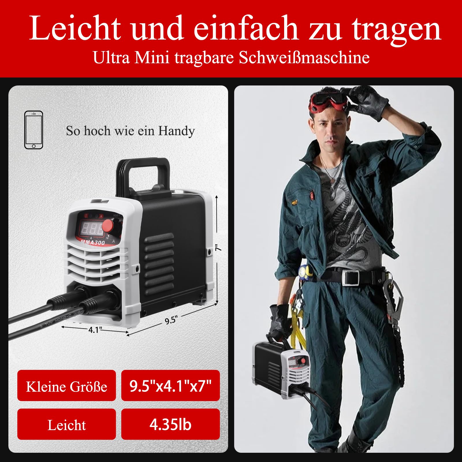 MMA300 Ultra Mini Inverter Schweißgerät,120A IGBT Elektroden Schweißgerät,MMA/ARC Handschweißgerät,Hotstart-Funktion,Kompakt, Leicht,LED-Anzeige,Überhitzungsschutz