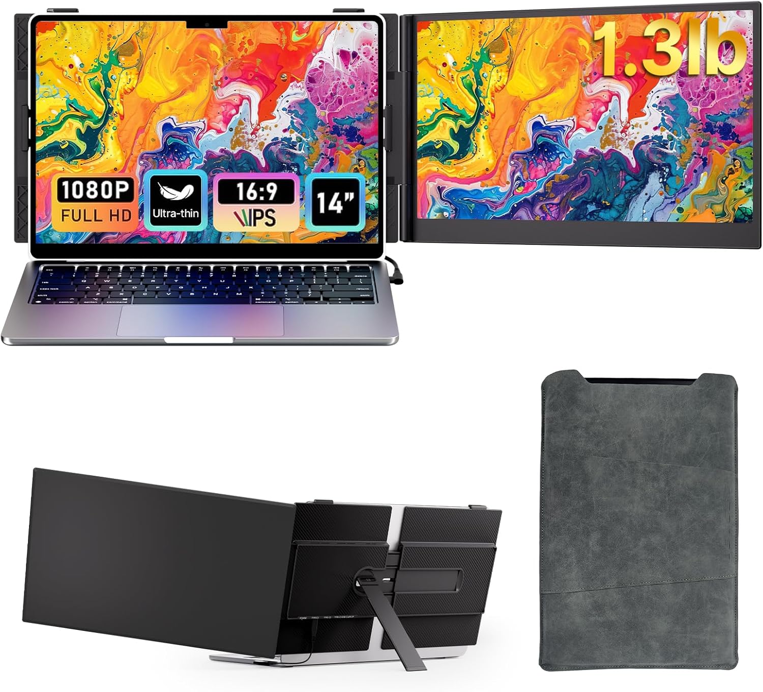 Laptop Screen Extender – Ultra-Thin 1.3lbs 14″ FHD IPS Dual Portable Monitor Extension for Laptop, Attachment Plug & Play for 13-17″ Laptops, Second Extra Travel Display for Windows/Mac/Android