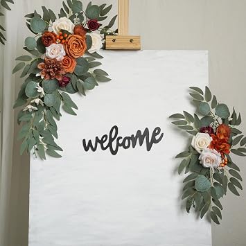belupai Set of 2 Wedding Arch Flowers, Artificial Rose Peony Flower Floral Swags Rustic Fake Eucalyptus Leaves Decorative Swags for Wedding Ceremony Sign Reception Backdrop Table Decor(Orange)