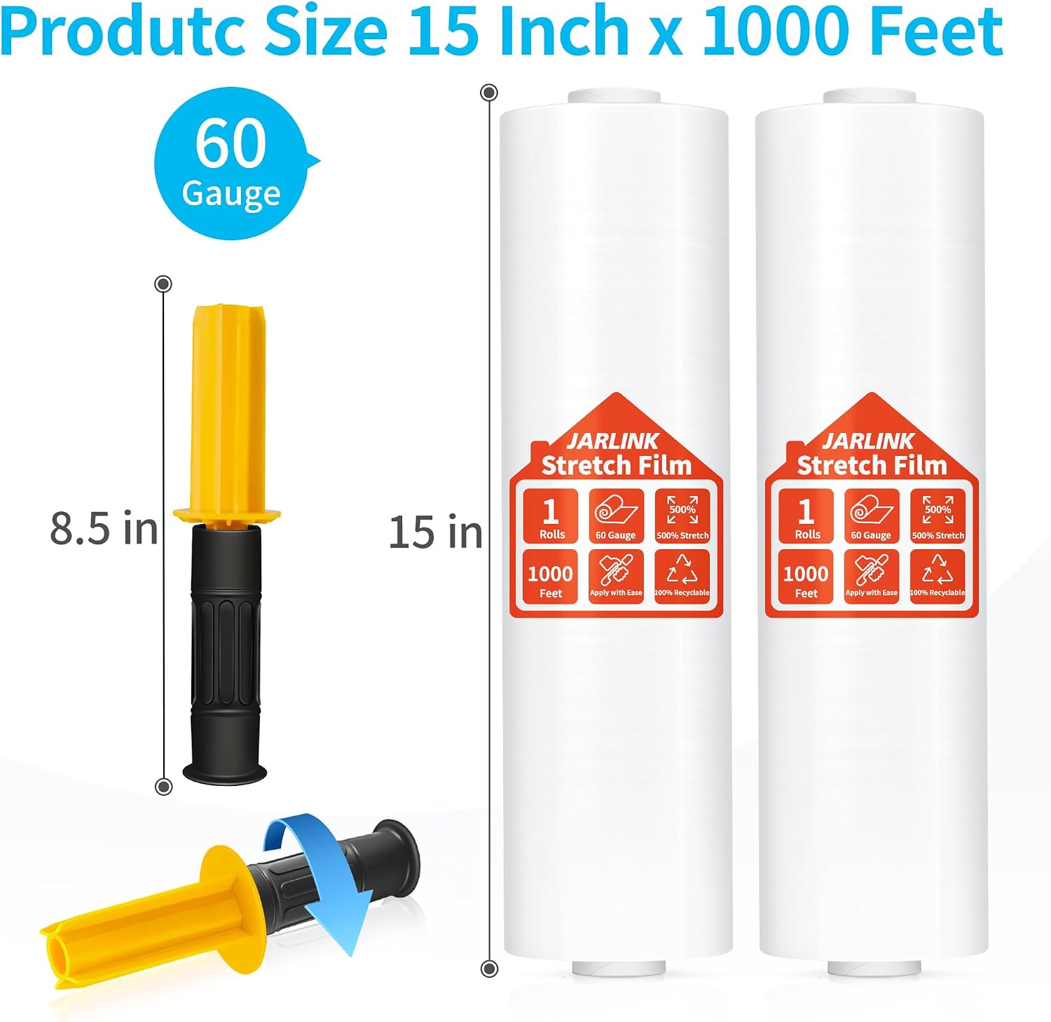 JARLINK Stretch Film, 15 Inch x 1000 Feet Shrink Wrap for Pallet Wrap, Industrial Strength Stretch Wrap with Handles, Moving Wrapping Plastic Roll, 60 Gauge, 1 Pack, Clear image 2