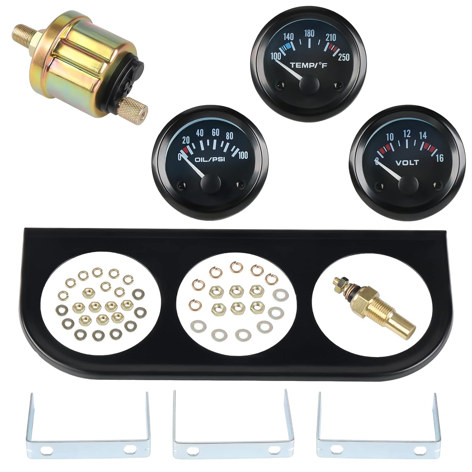 WATERWICH 3-in-1 Car Marine Meter Auto Gauge Kit: Voltmeter + Water Temperature + Oil Pressure Gauge, 2" (52mm), Universal for Car, SUV, Truck, Motorcycle, Tractor & Marine Engines