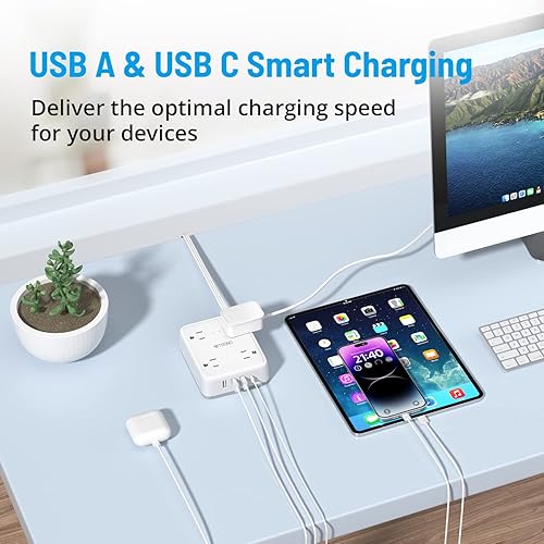 Miniatura 3 de TROND Regleta protectora de sobretensiones con USB, enchufe plano ultrafino, cable de extensión de 5 pies de 1625 W, 3 USB A y 1 USB C, 8 salidas AC