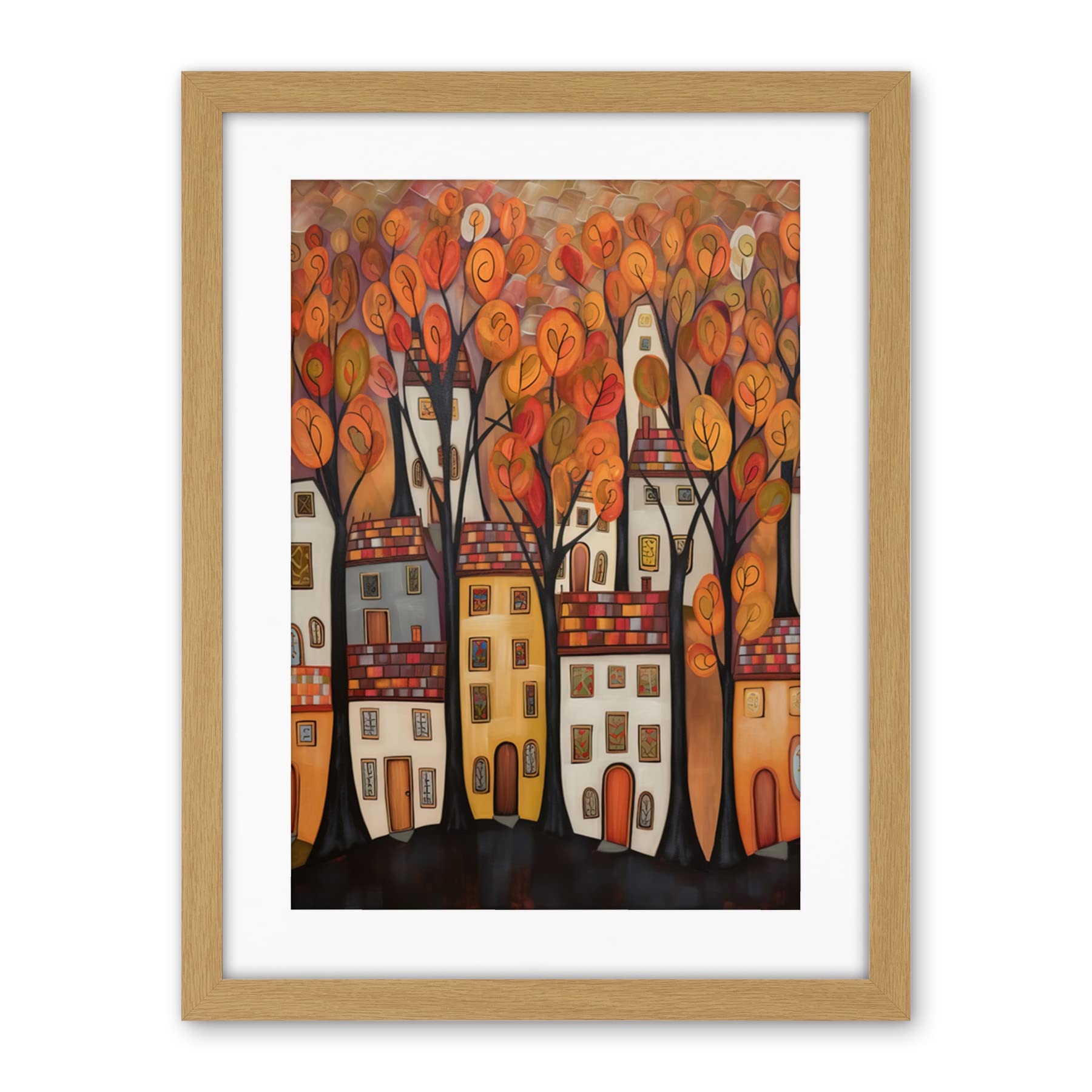 Artery8 Cityscape With Trees In Autumn Contemporary Folk Art Painting Artwork Framed Wall Art Print 18X24 Inch