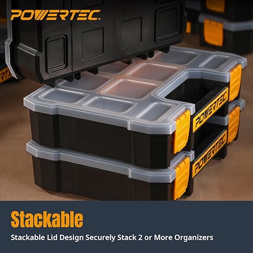 Miniatura 4 de POWERTEC Organizador de piezas pequeñas y caja de herramientas, 10 compartimentos, almacenamiento apilable con divisores extraíbles, tapa