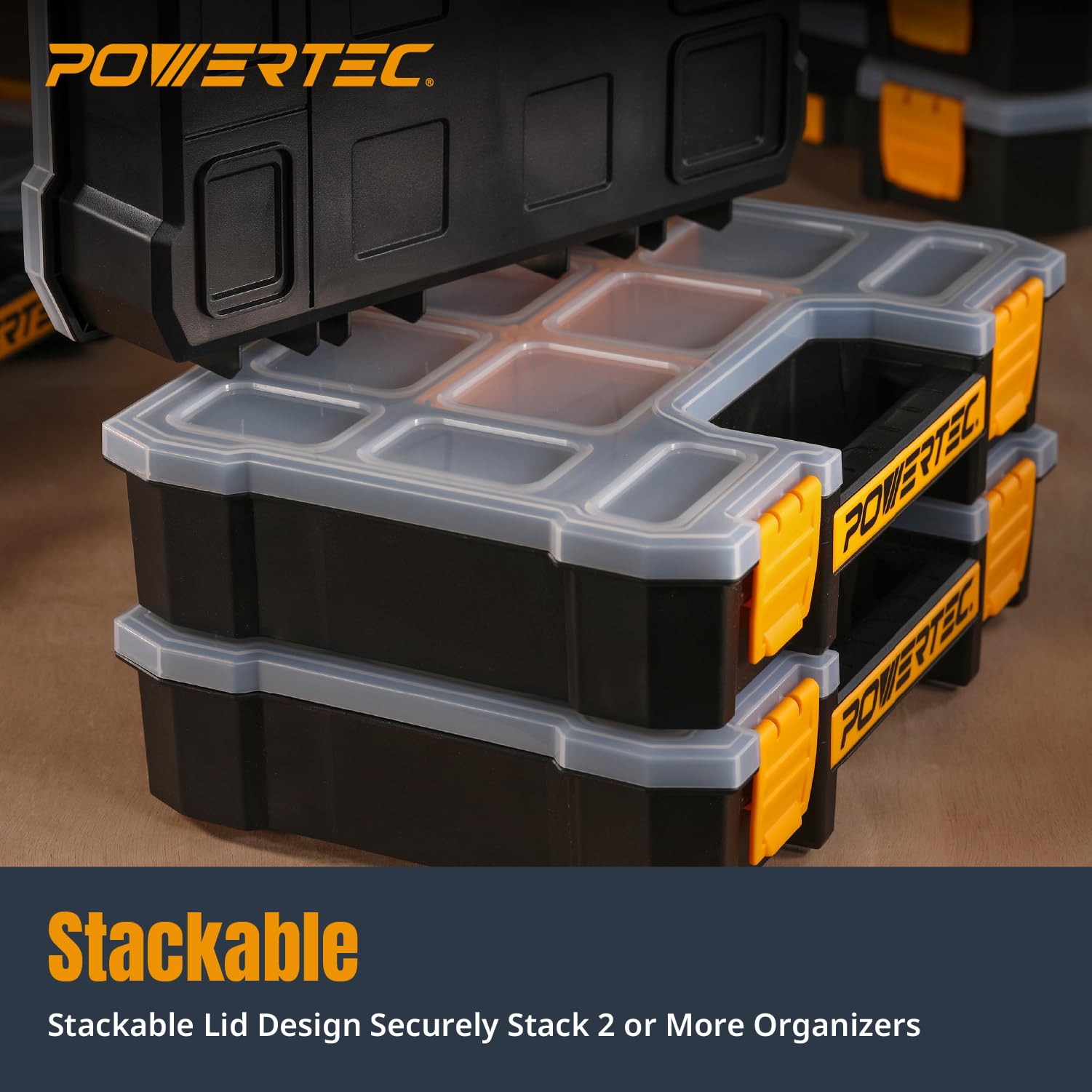 POWERTEC Organizer per piccole parti e cassetta degli attrezzi, 10 scomparti, impilabile con divisori rimovibili, coperchio trasparente, design portatile, confezione da 3 (72117-P3)