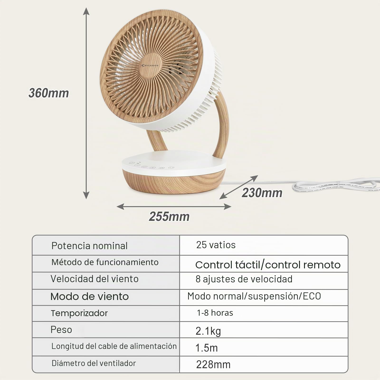 MYCARBON Ventilador de Mesa DC Motor 20dB Ventilador Silencioso 8 Velocidades 3 Modos Ventilador Potente 75°/90° Oscilación Temporizador 8H con Control Remoto